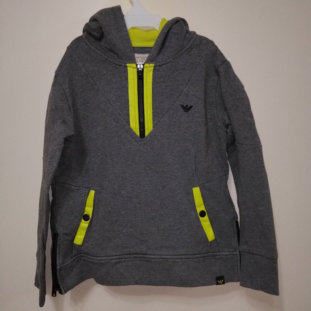 Armani Junior gray zip pullover with lime green hood and side zippers